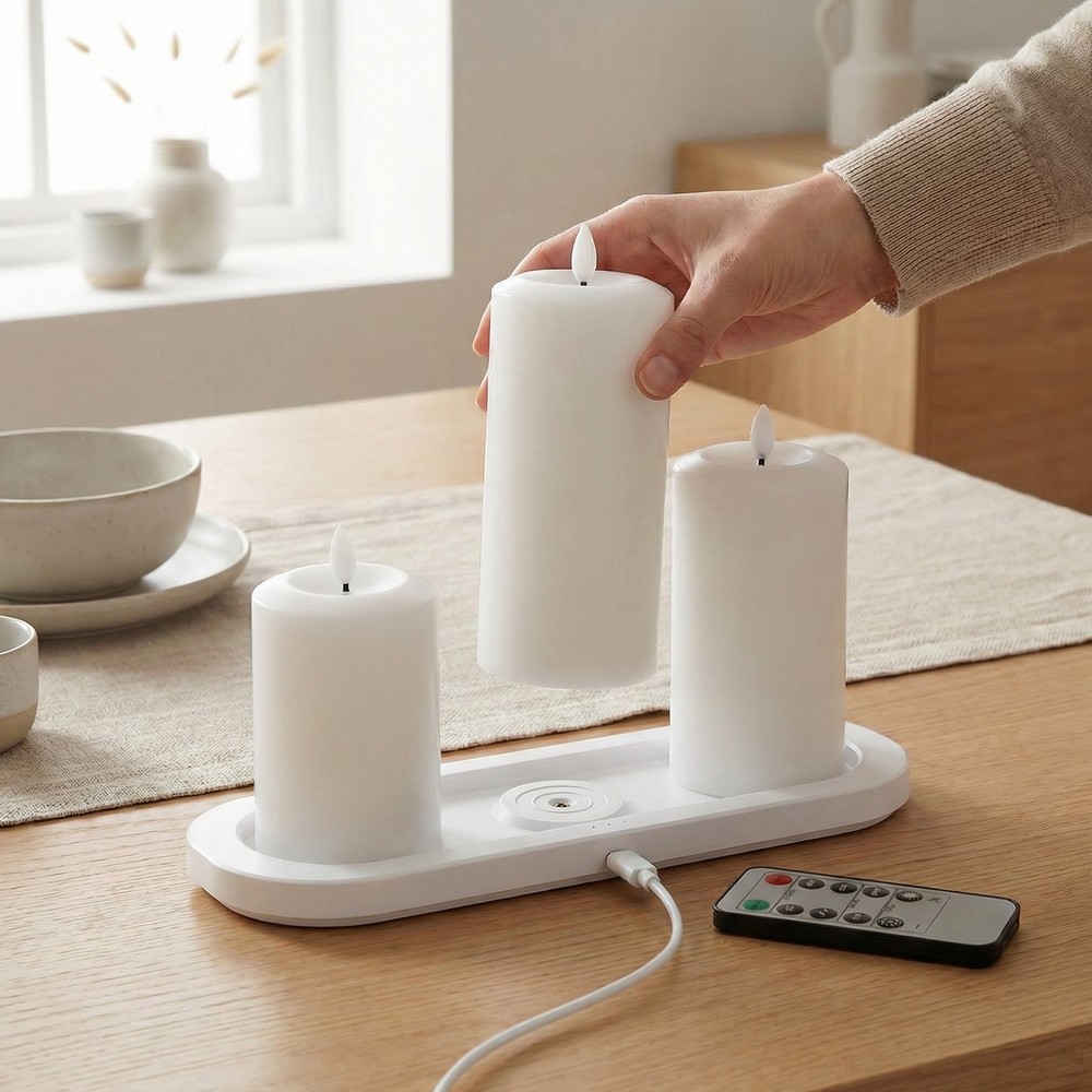 -pak Hvide Led Bloklys Inkl  Ladebase ø7 5cm  10 12   15 Cm Høj  Inkl  Fjernb  Timer