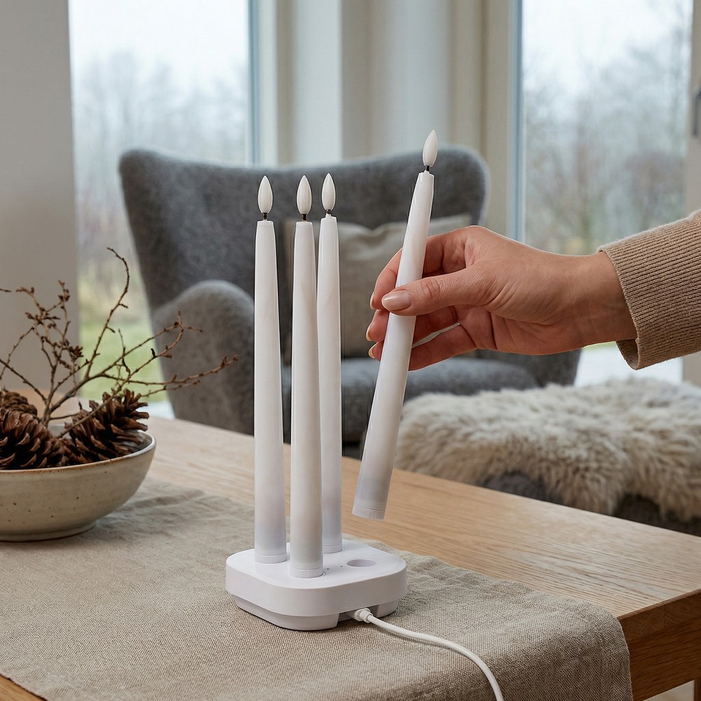 -pak Hvide Led Stearinlys Inkl  Ladebase ø2cm  Højde: 25cm  Kronelys  Inkl  Fjernb  Timer
